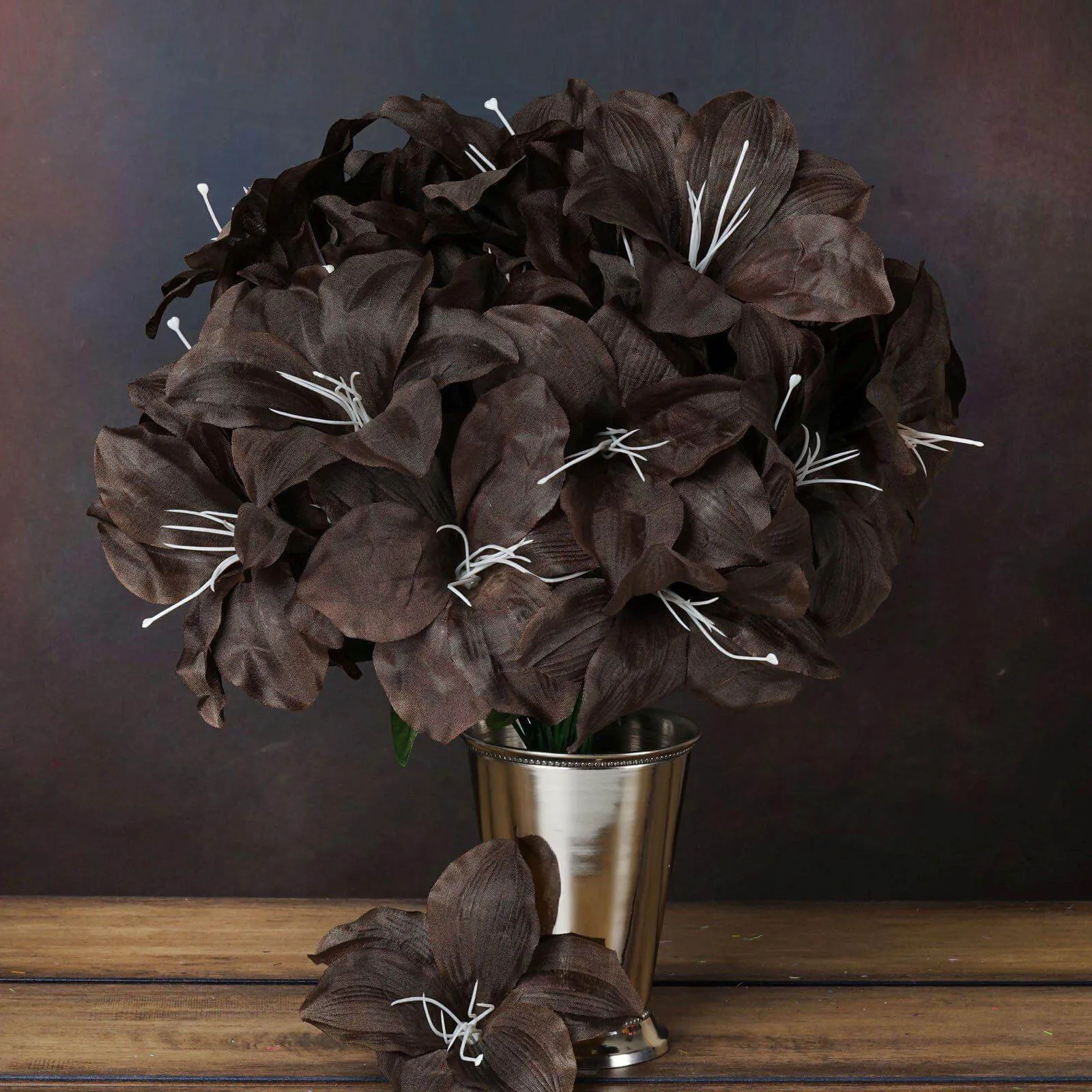 10 Bushes Chocolate Brown Artificial Silk Easter Lily Flowers, Faux Bouquets