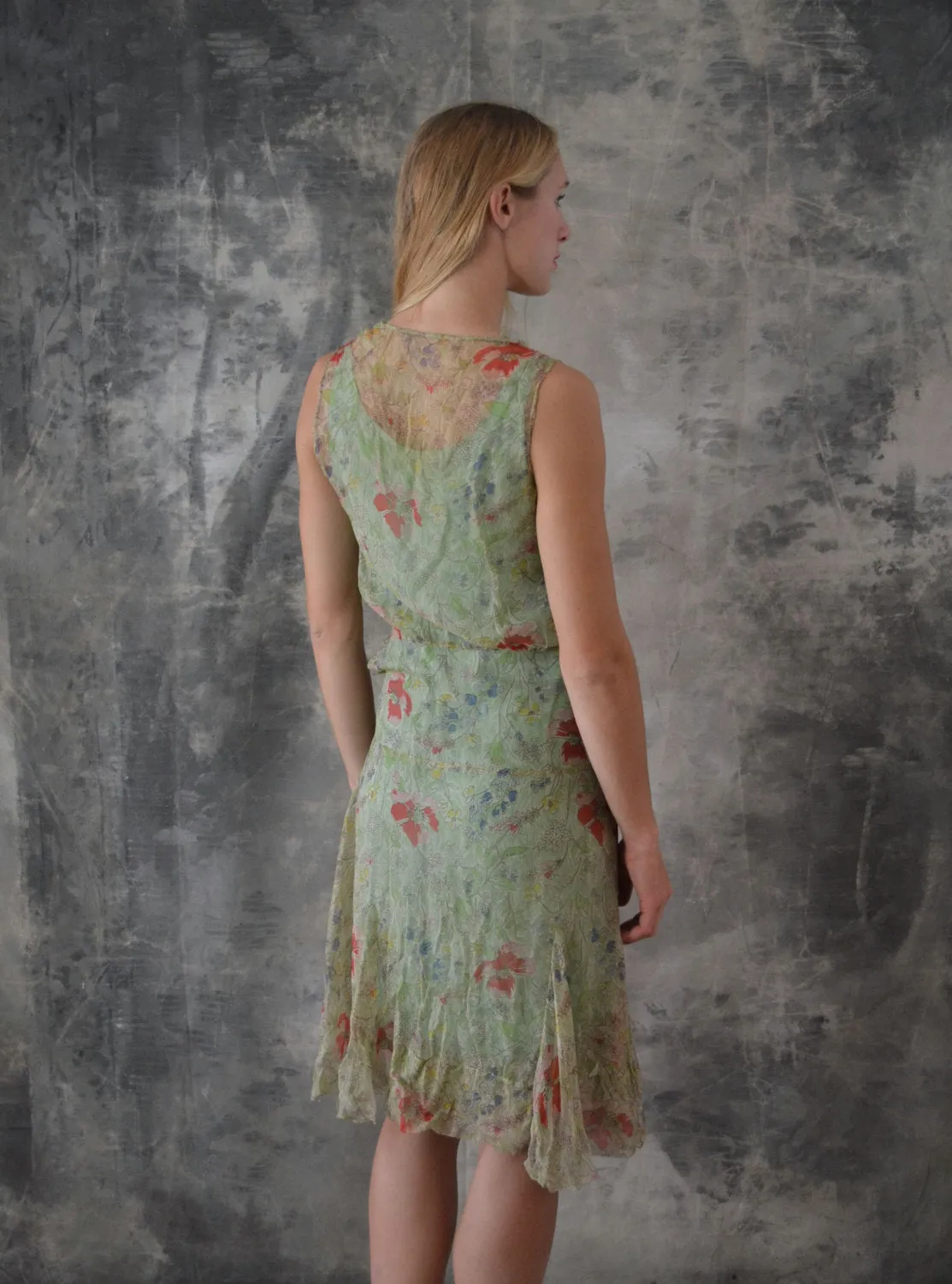 1920s Flapper Dress pale Green Poppy Floral