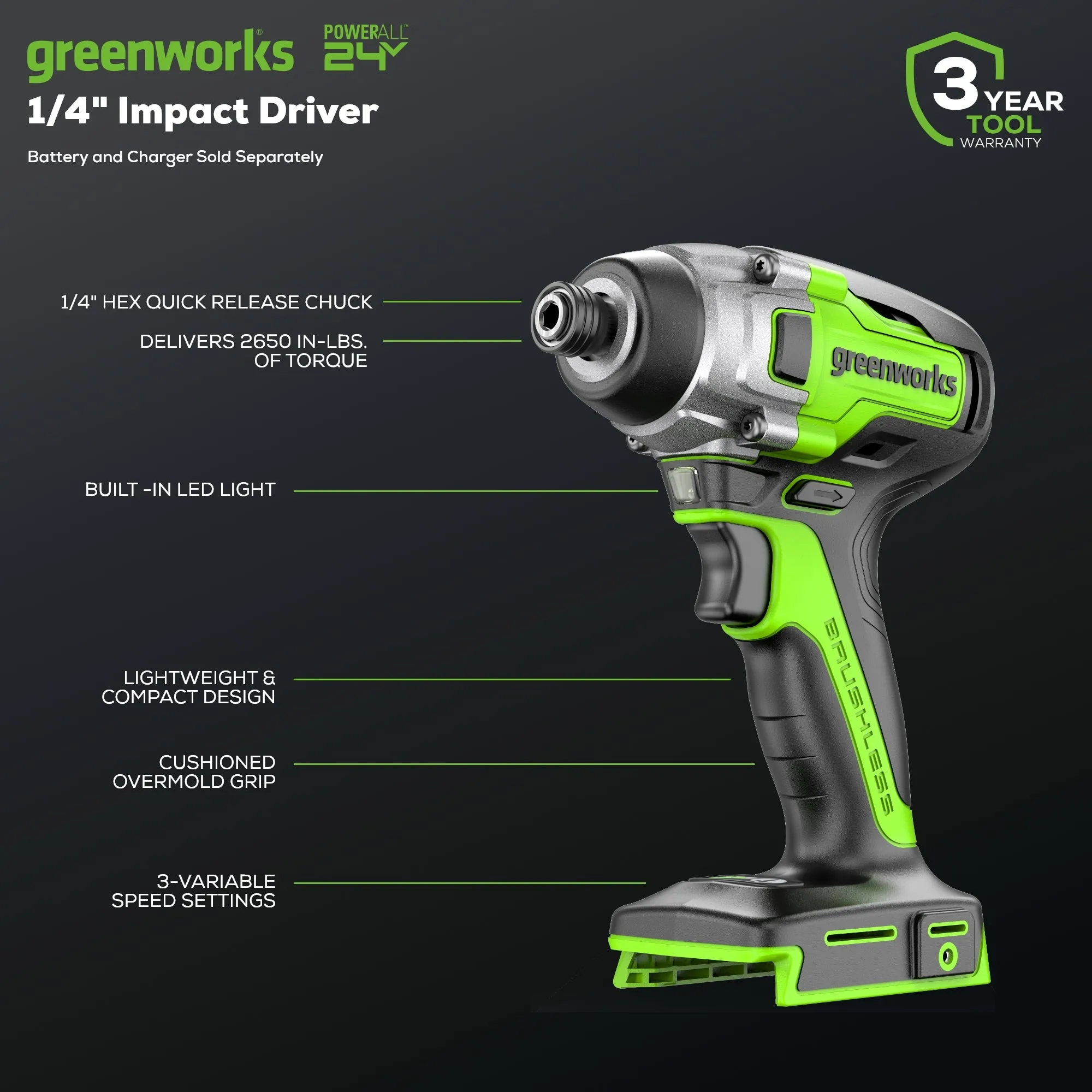 24V 1/4" 2650 in/lbs Brushless Impact Driver (Tool Only)