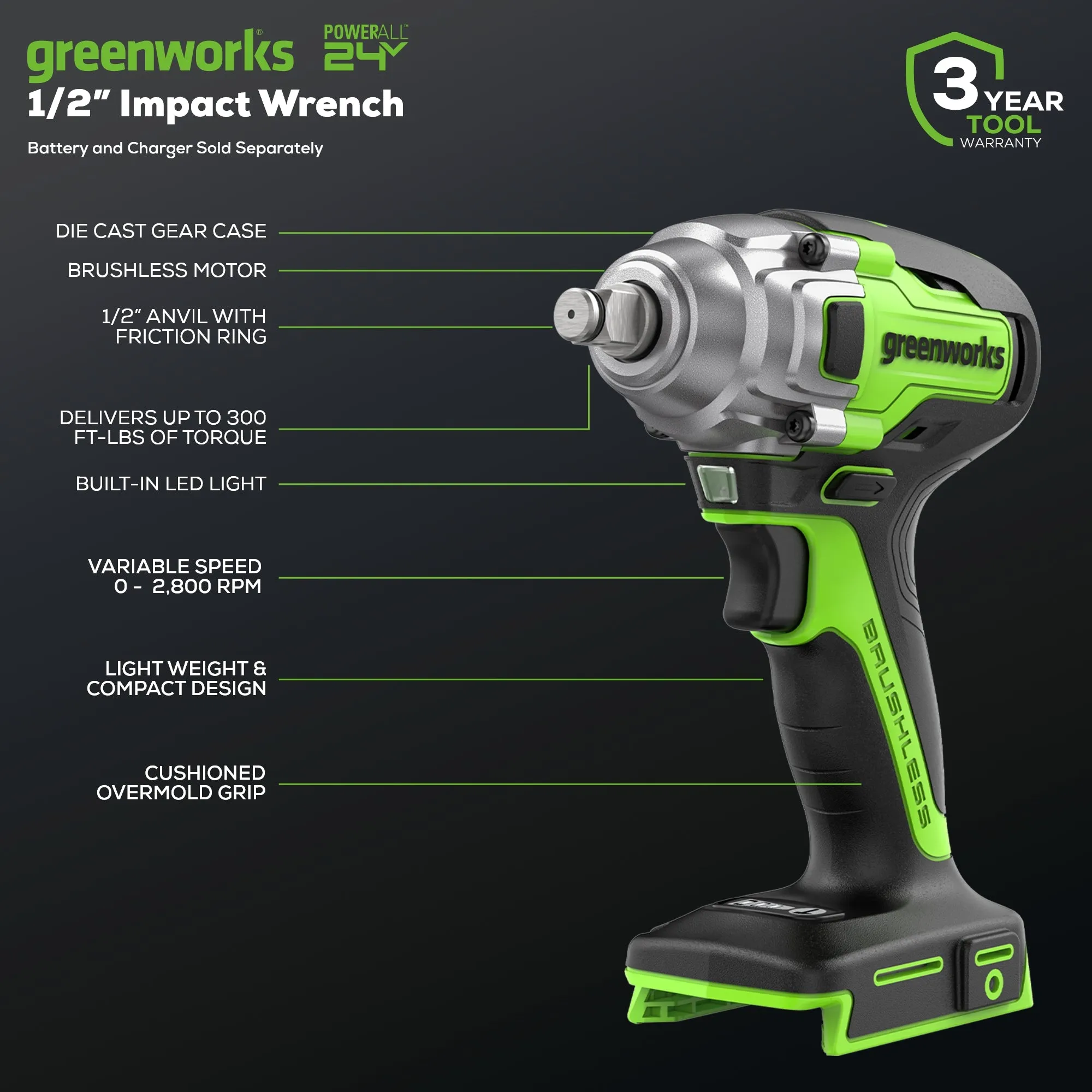 24V Brushless 1/2" Impact Wrench (Tool Only)