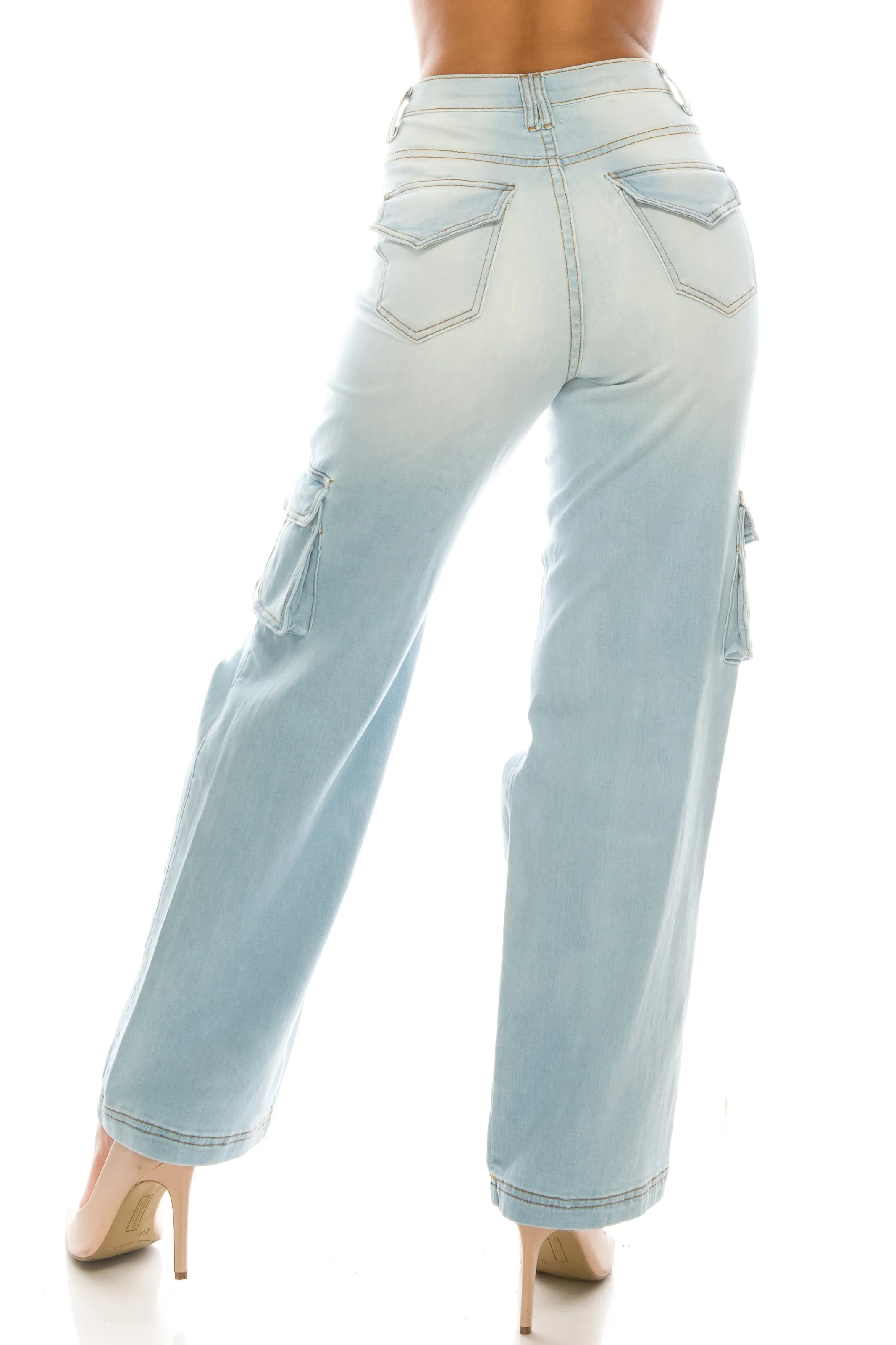 4893 Women's High Rise Straight Ripped Cargo Jeans Pants