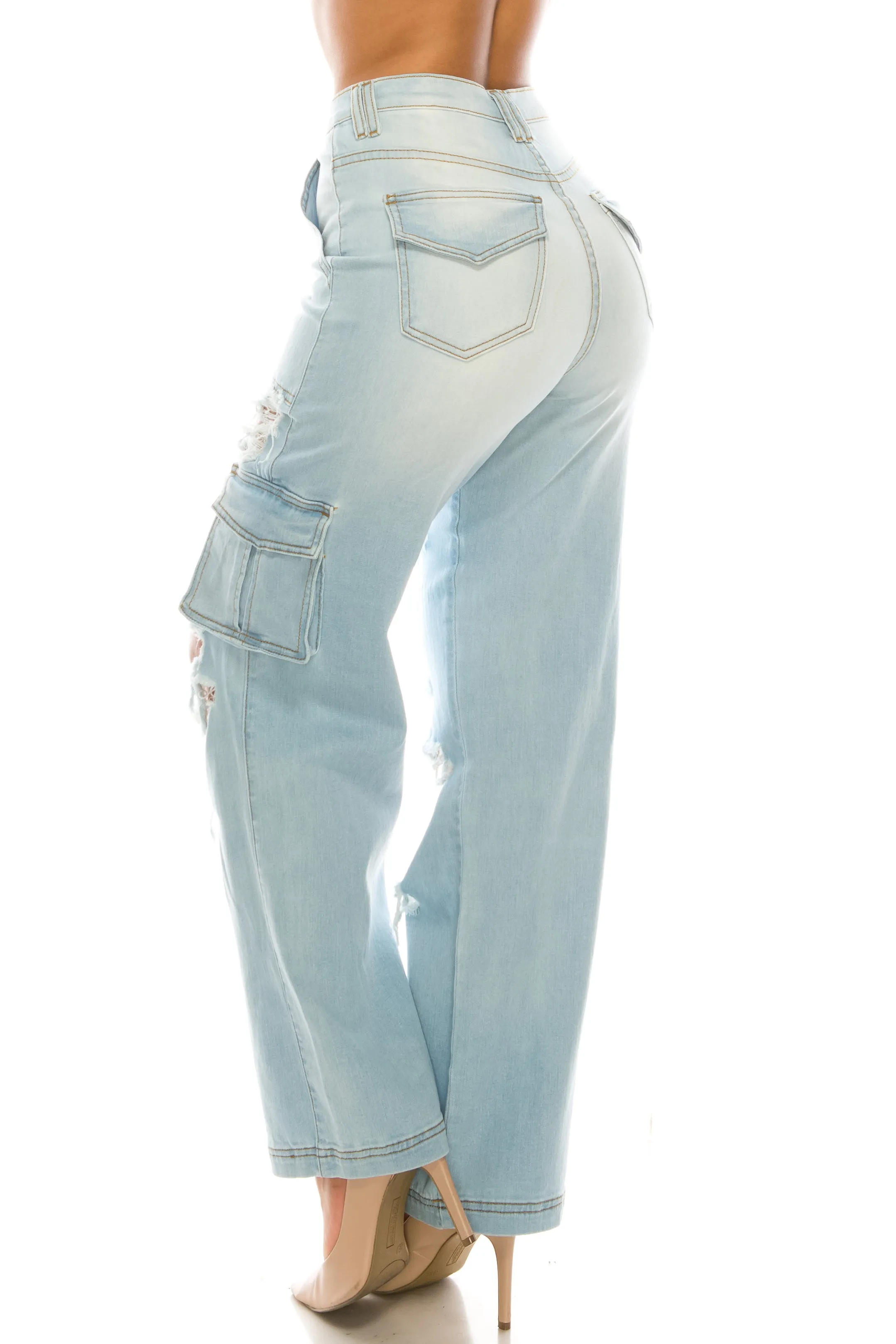 4893 Women's High Rise Straight Ripped Cargo Jeans Pants