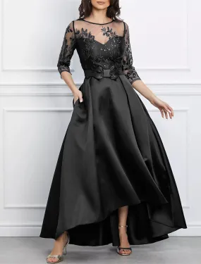 A-Line Evening Gown Elegant Black Dress Plus Size Formal Wedding Asymmetrical High Low 3/4 Length Sleeve Jewel Neck Satin with Bow(s) Sequin Appliques