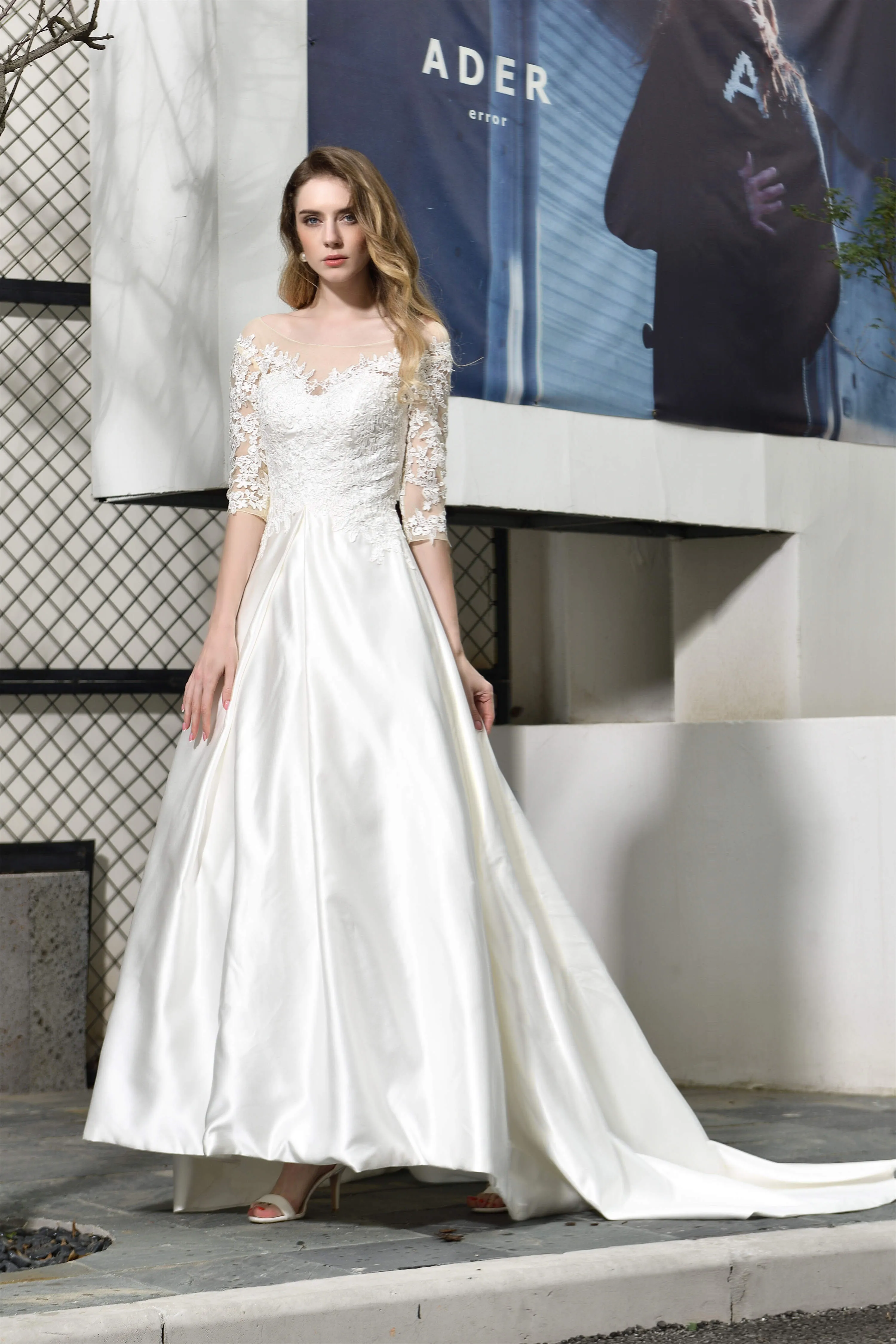 A-Line Satin Lace 3/4 Sleeves Ankle Length Wedding Dresses