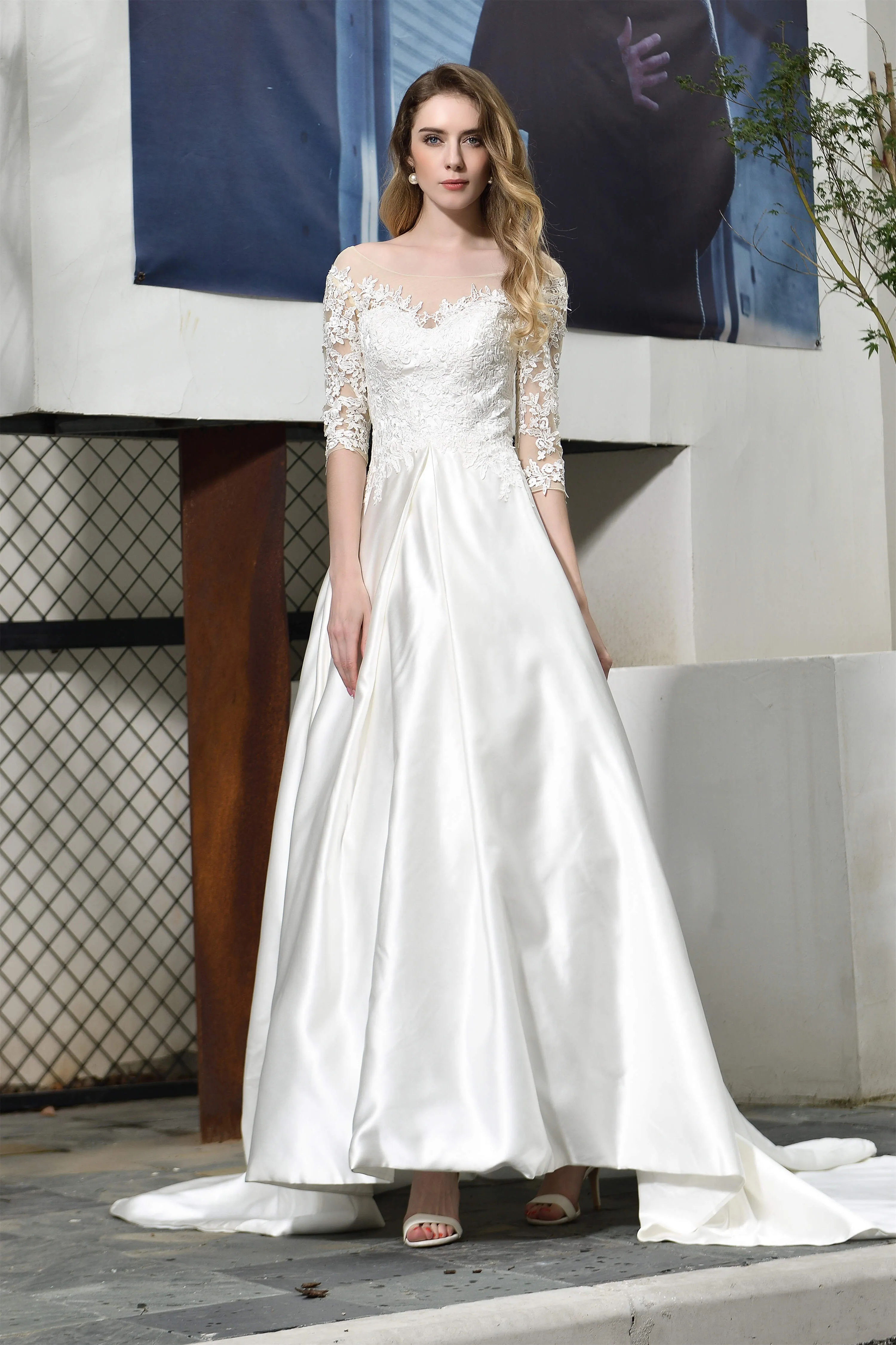 A-Line Satin Lace 3/4 Sleeves Ankle Length Wedding Dresses