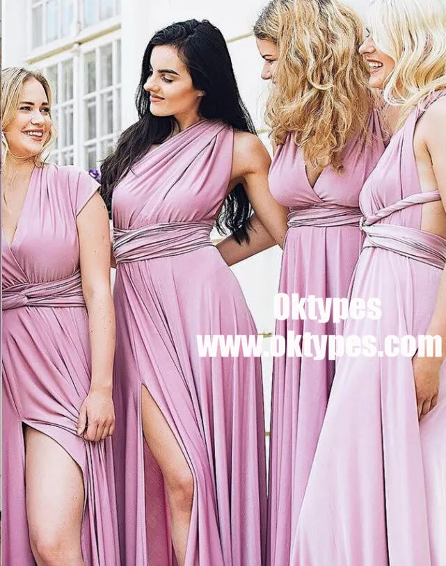 A-Line V-Neck Ankle Length Convertible Style Purple Satin Bridesmaid Dresses, TYP0914