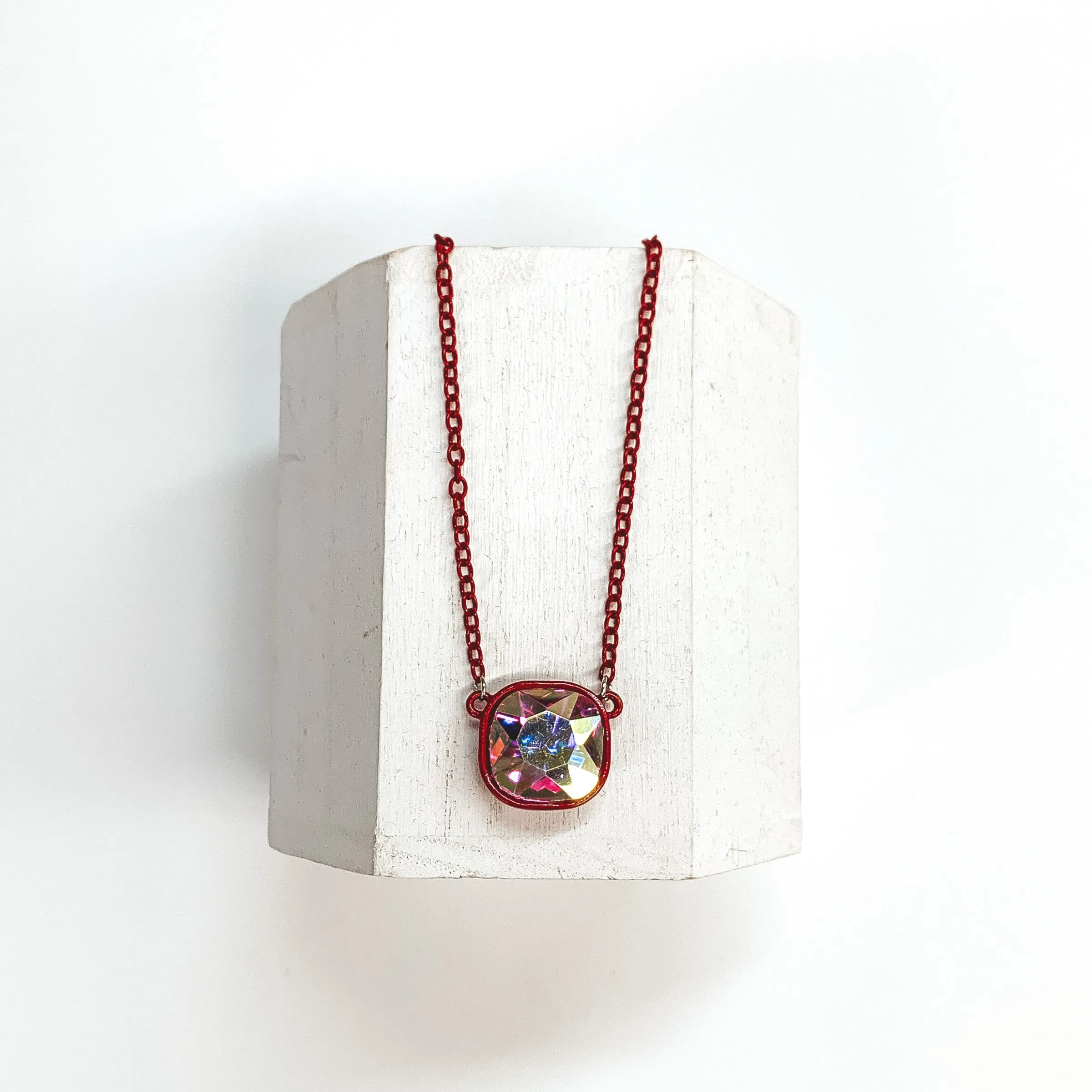 AB Cushion Cut Crystal Necklace in Red