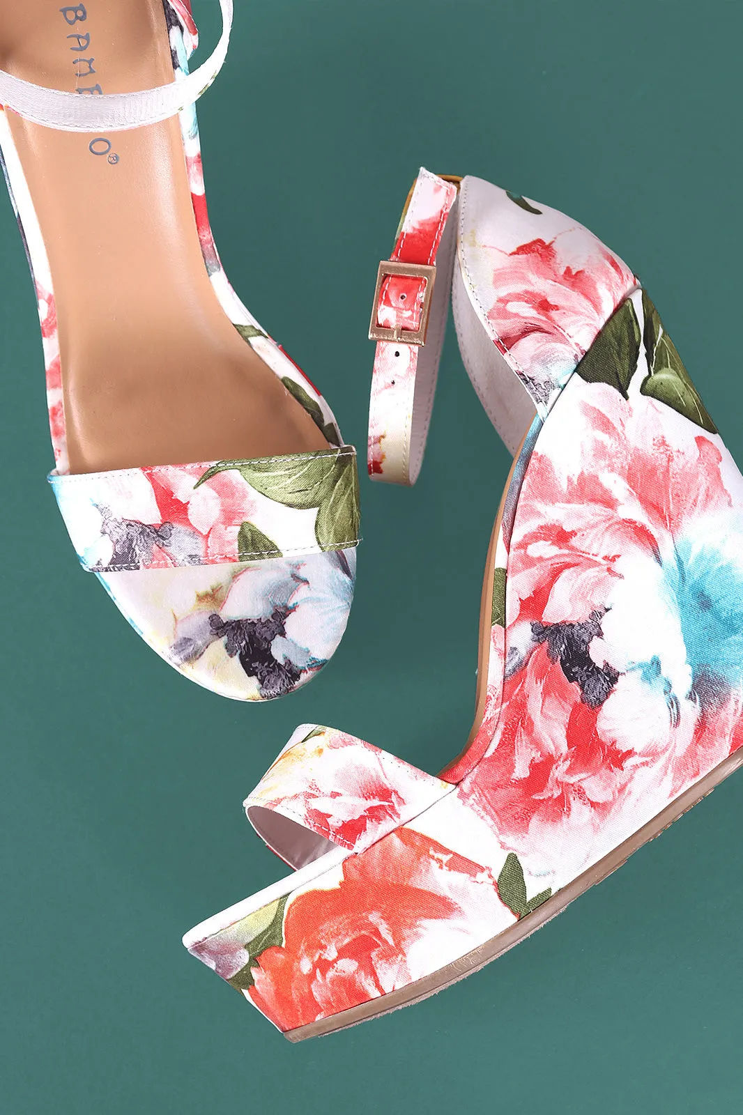 Bamboo Floral Print Ankle Strap Platform Wedge