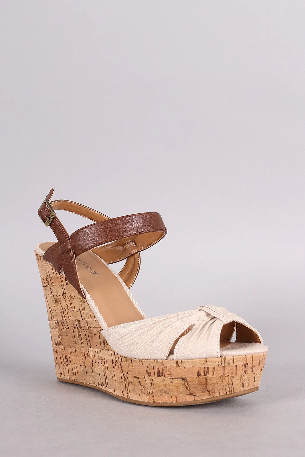 Bamboo Gathered Peep Toe Cork Wedge