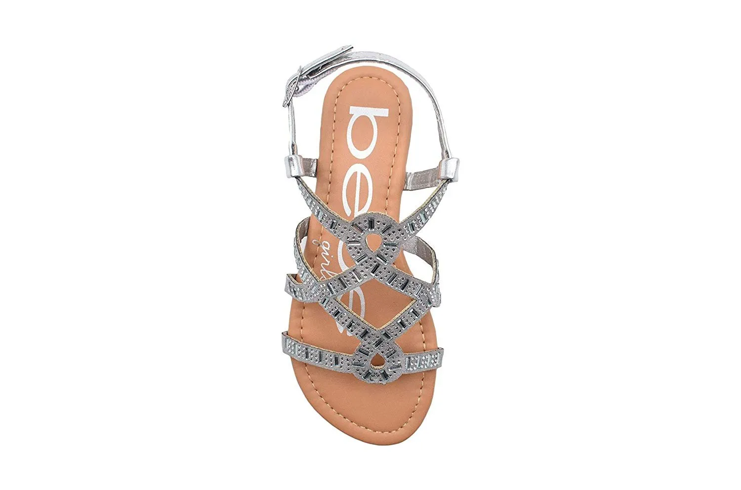 bebe Girls Fashion Sandals Microsuede Caged Summer Flats with Rhinestone and Metallic Back Strap