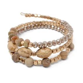 Beige Glass Bead Wrap Bracelet Oval Stone Gold Tone