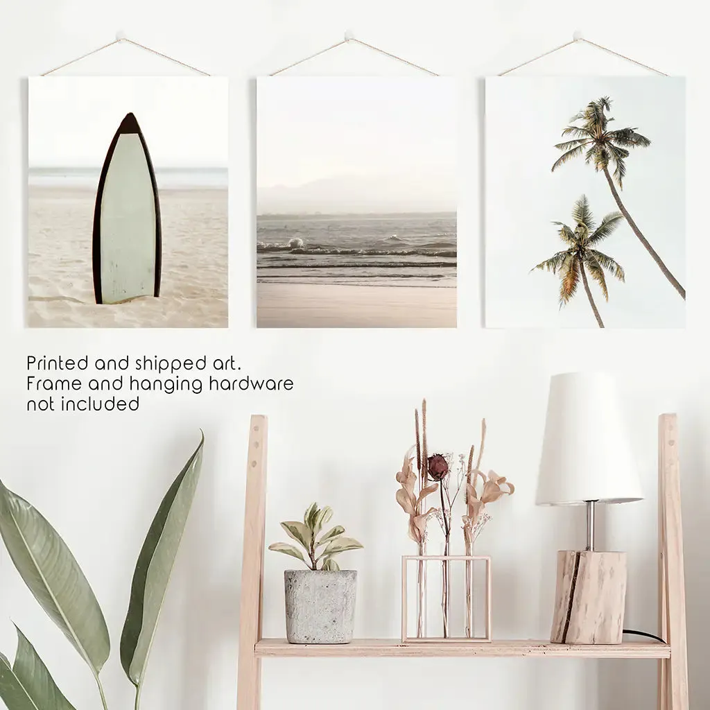 Beige Tones Coastal Wall Art. Surfboard, Ocean Beach, Palm