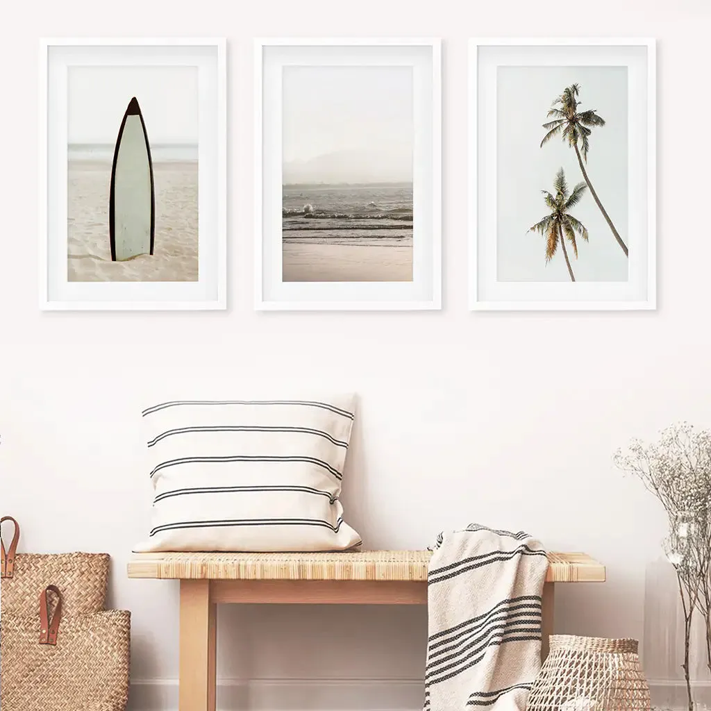 Beige Tones Coastal Wall Art. Surfboard, Ocean Beach, Palm