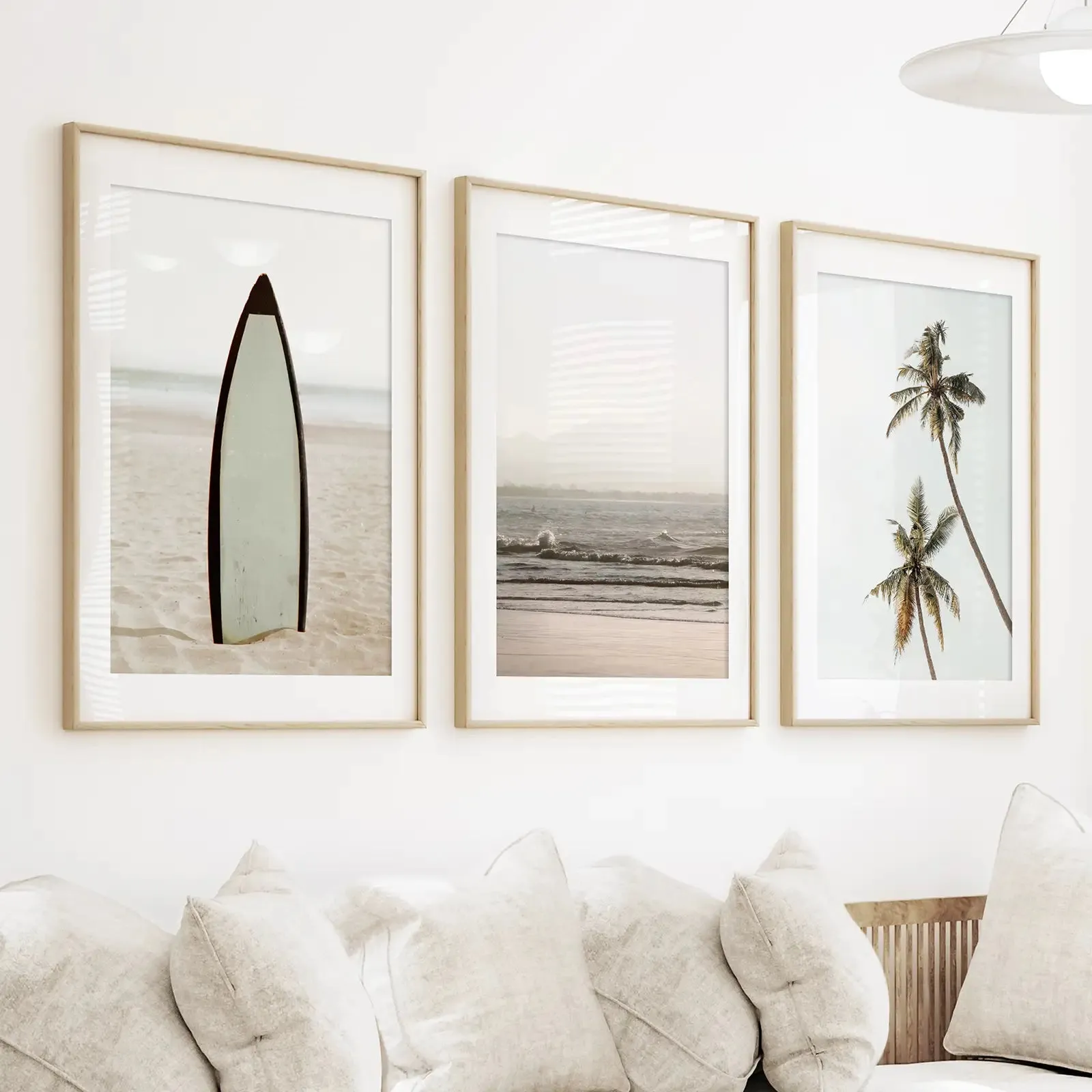 Beige Tones Coastal Wall Art. Surfboard, Ocean Beach, Palm