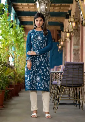 Blue Floral Printed Polycotton Kurta