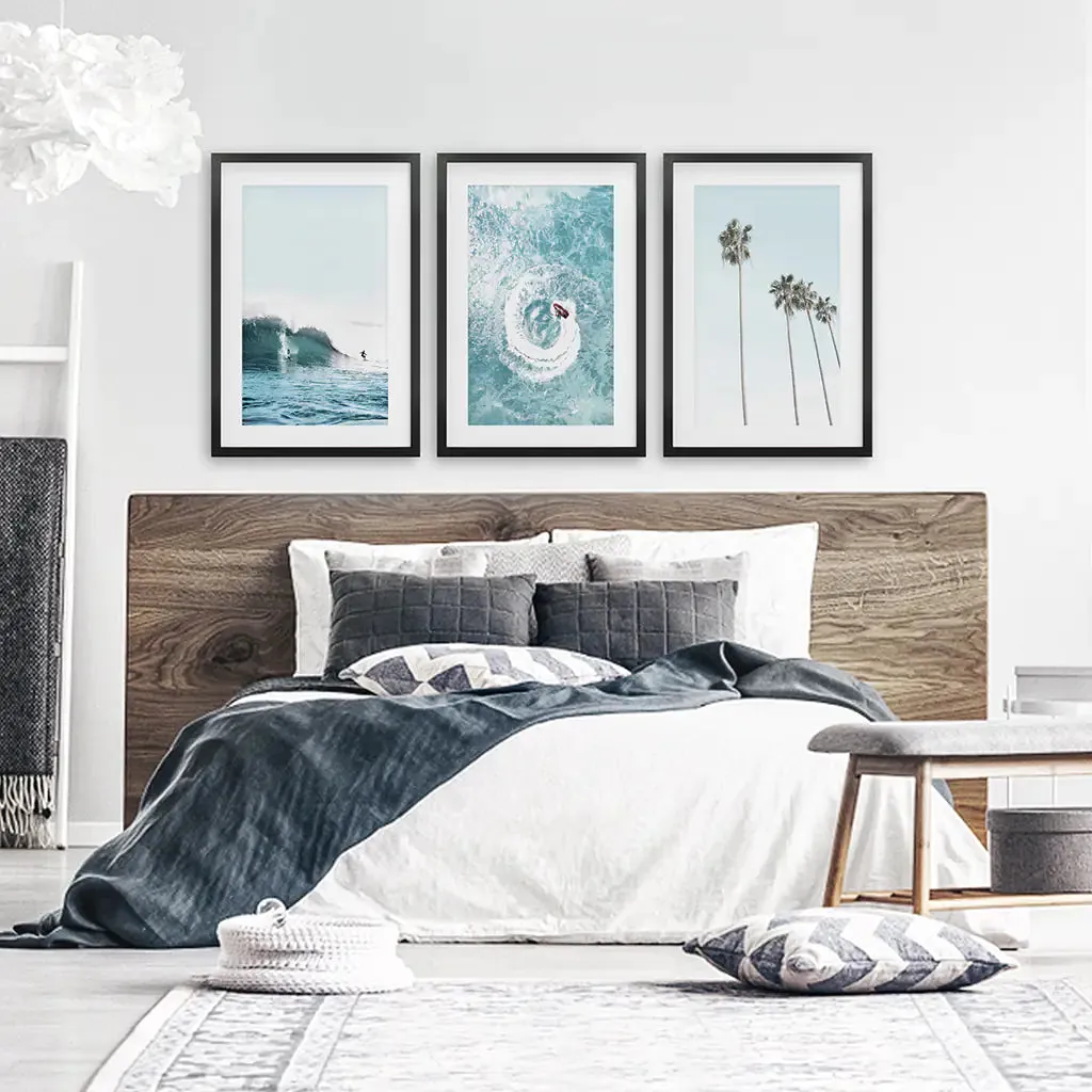 Blue Ocean Themed 3 Piece Wall Art. Palm Trees, Waves