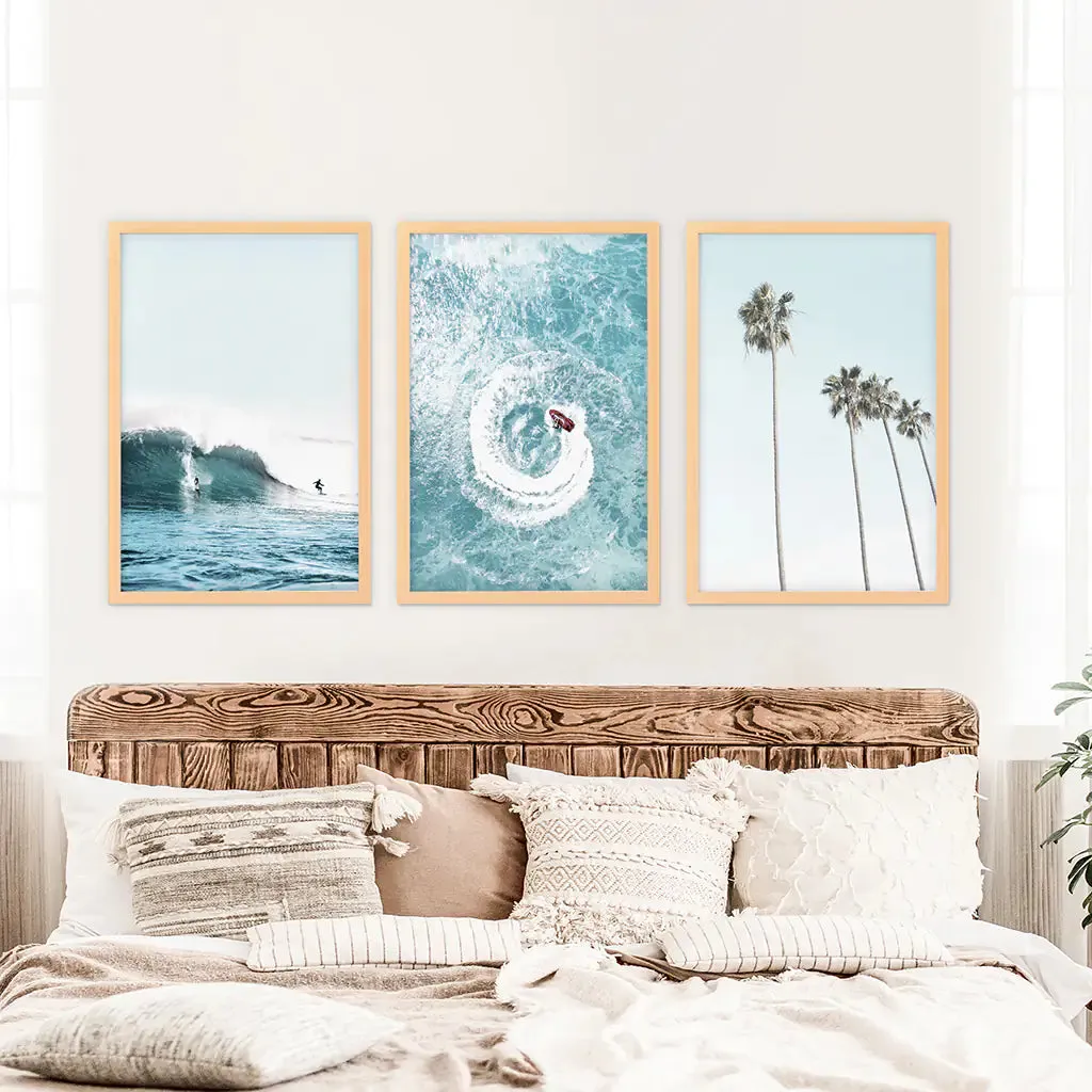 Blue Ocean Themed 3 Piece Wall Art. Palm Trees, Waves