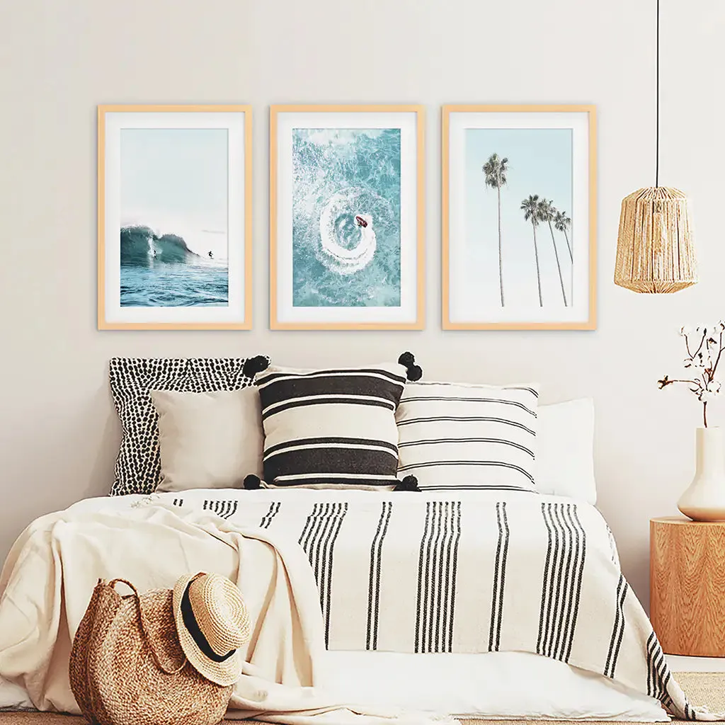 Blue Ocean Themed 3 Piece Wall Art. Palm Trees, Waves