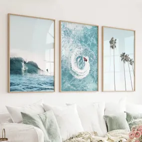 Blue Ocean Themed 3 Piece Wall Art. Palm Trees, Waves