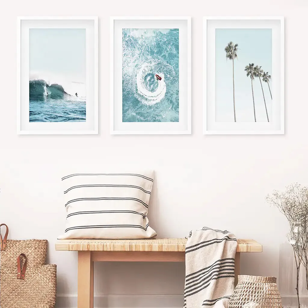 Blue Ocean Themed 3 Piece Wall Art. Palm Trees, Waves