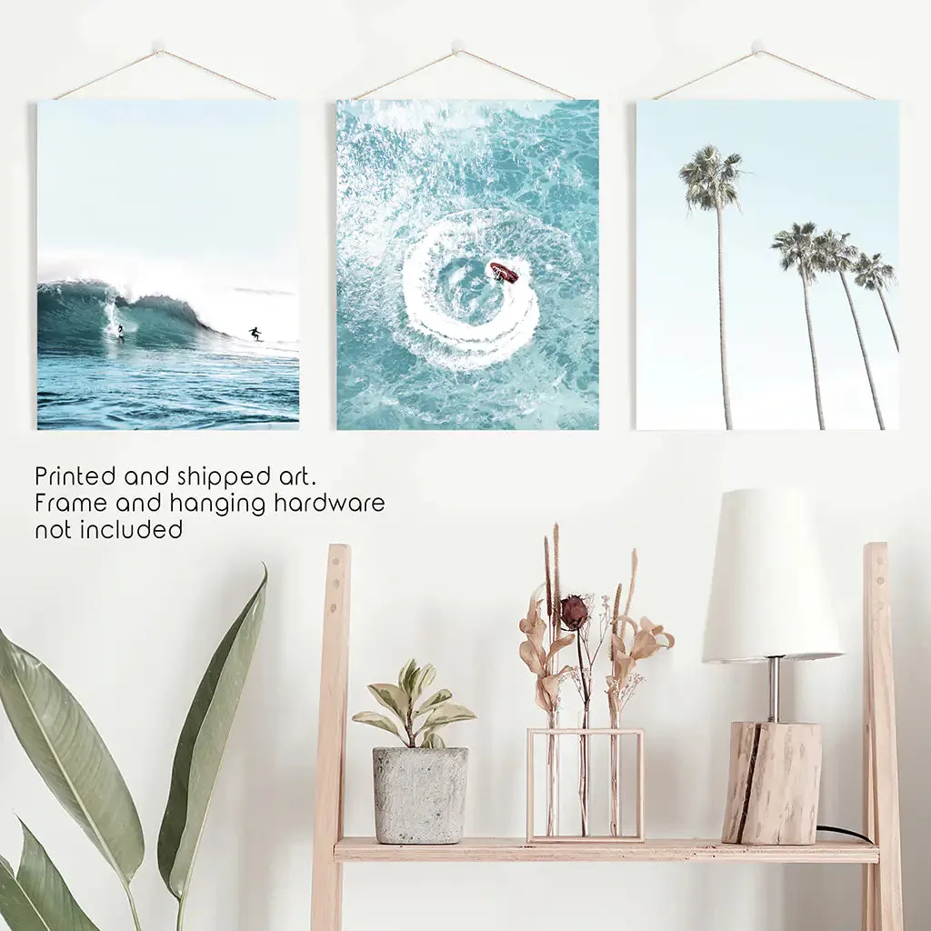 Blue Ocean Themed 3 Piece Wall Art. Palm Trees, Waves