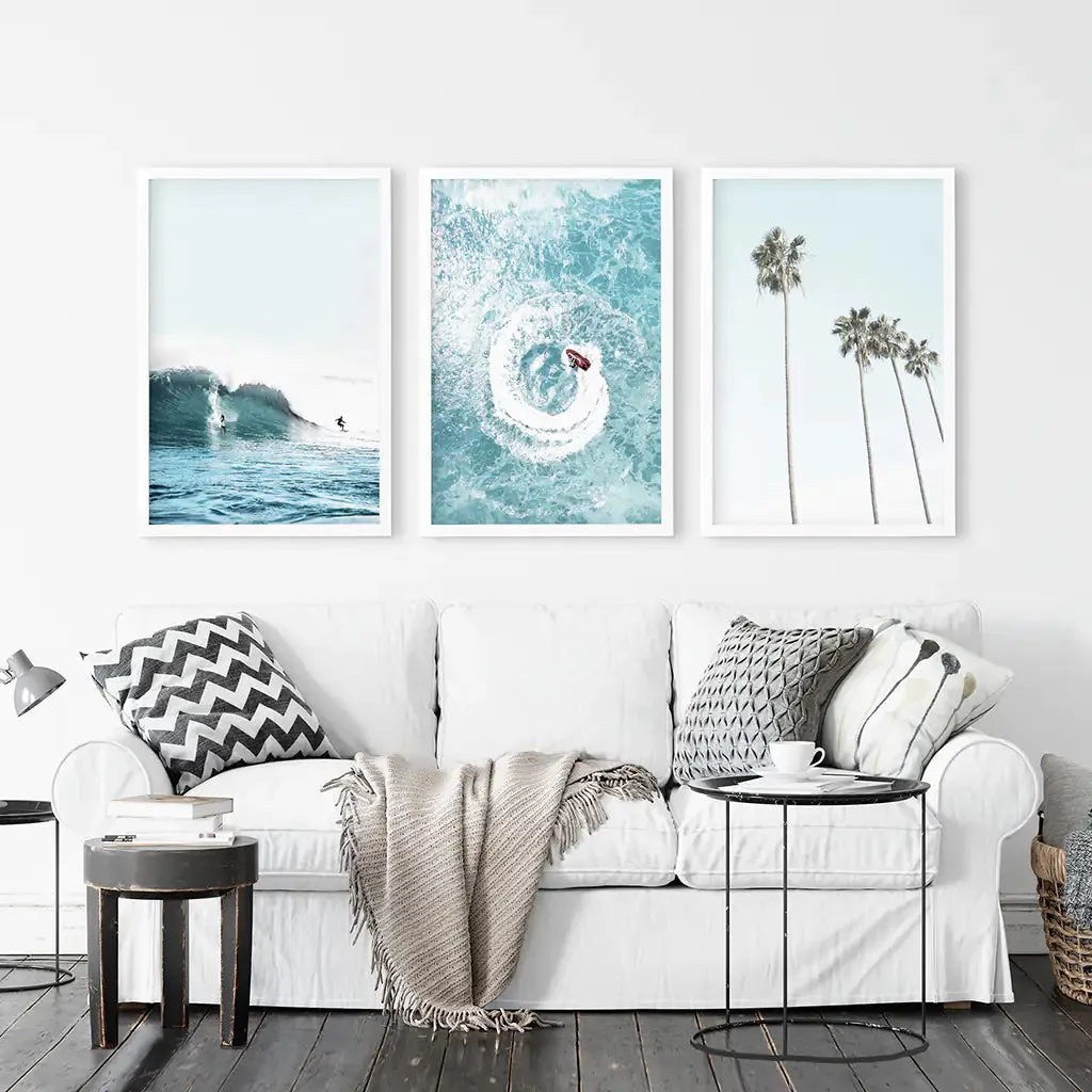 Blue Ocean Themed 3 Piece Wall Art. Palm Trees, Waves