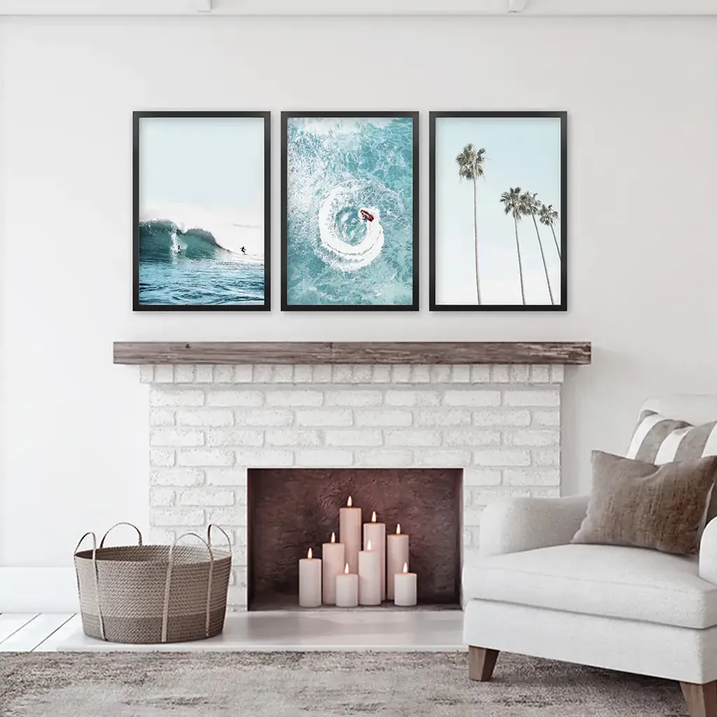 Blue Ocean Themed 3 Piece Wall Art. Palm Trees, Waves