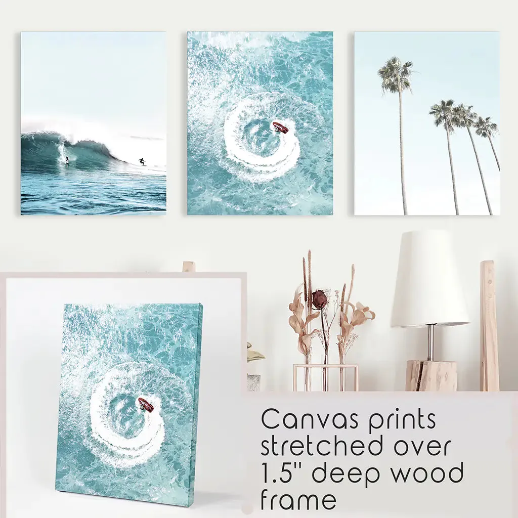 Blue Ocean Themed 3 Piece Wall Art. Palm Trees, Waves