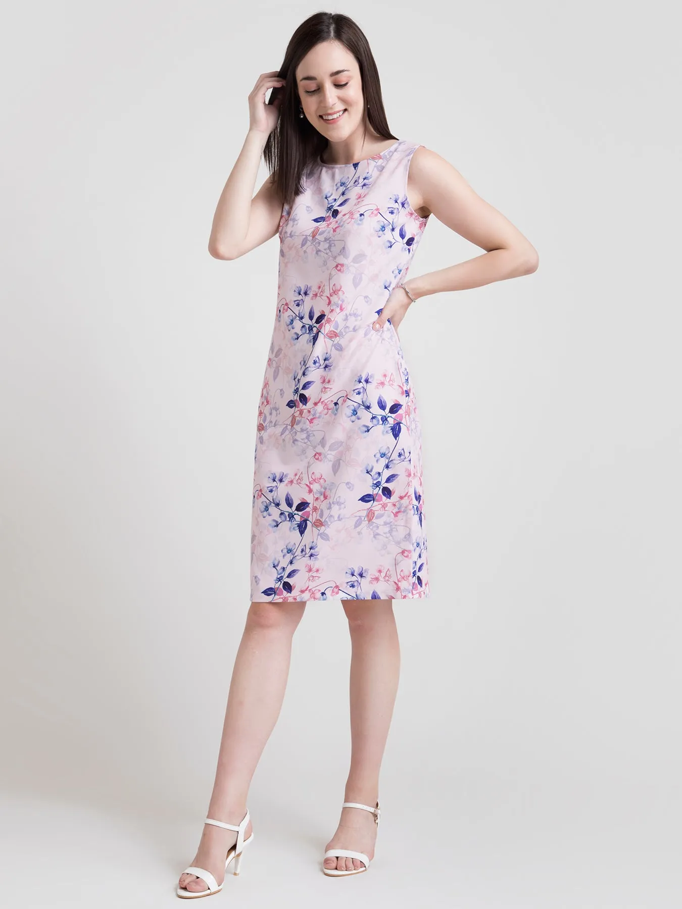 Boat Neck Ditsy Floral Sheath Dress - Pink and Blue