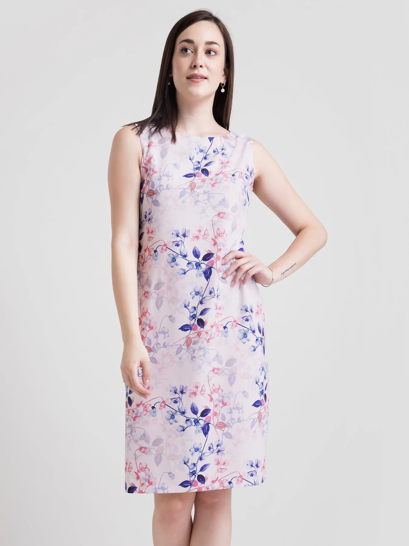 Boat Neck Ditsy Floral Sheath Dress - Pink and Blue