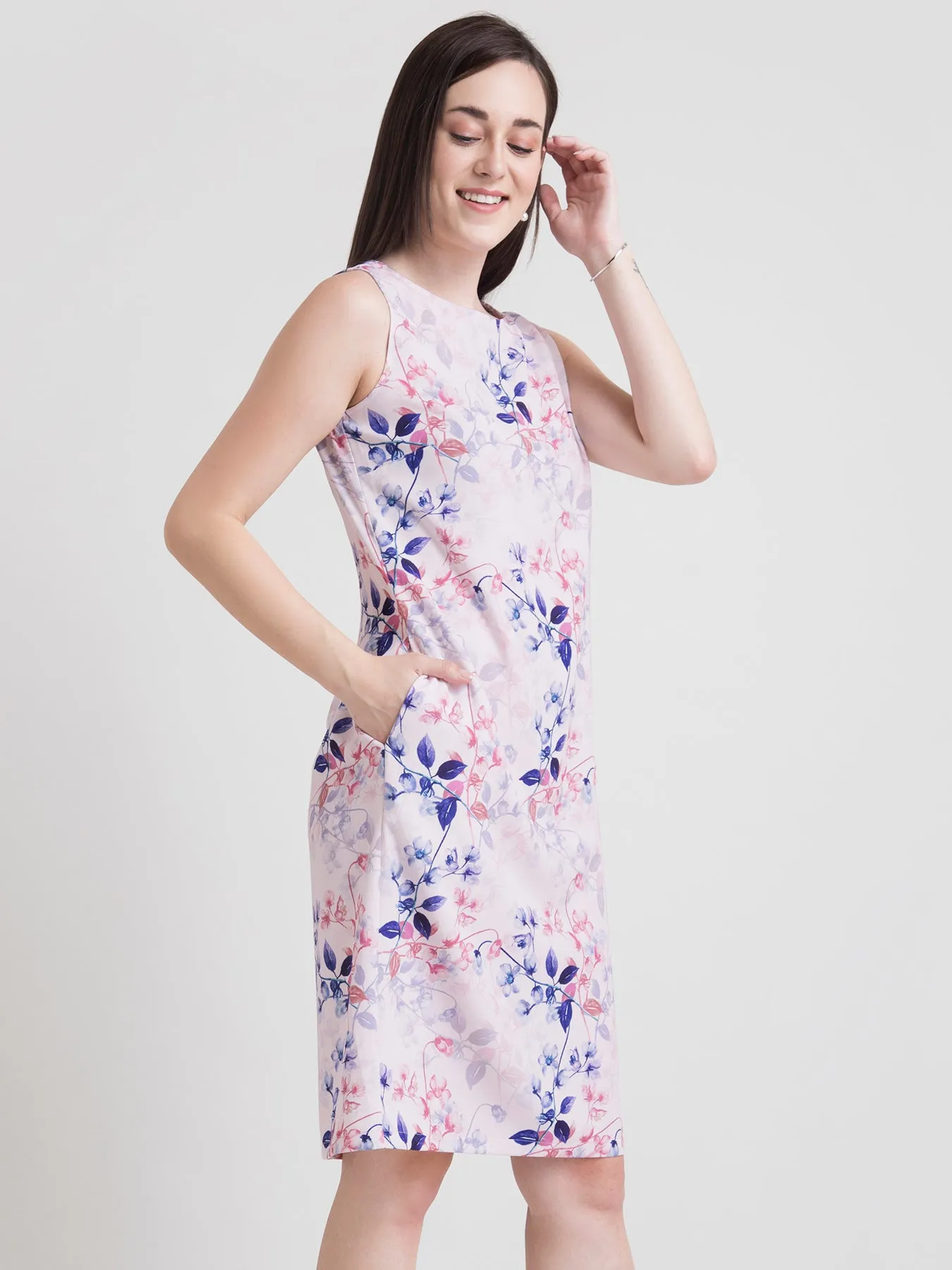 Boat Neck Ditsy Floral Sheath Dress - Pink and Blue