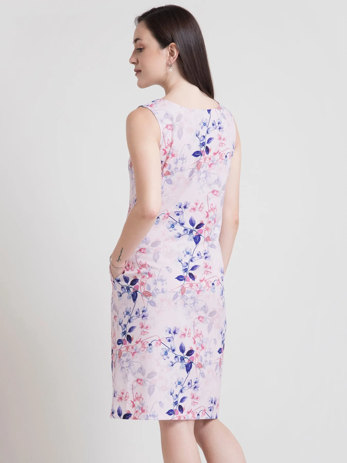 Boat Neck Ditsy Floral Sheath Dress - Pink and Blue