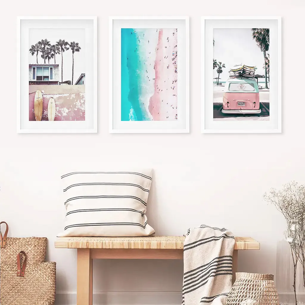 Boho Coastal Prints. Pink Combi Van, Aerial Beach, Surfing