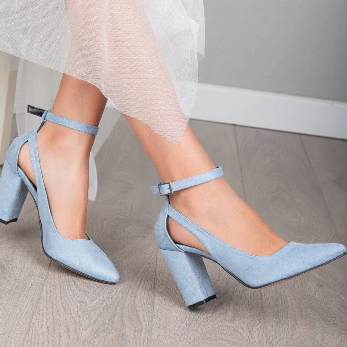 Camila - Baby Blue Suede Wedding Shoes with Pearls