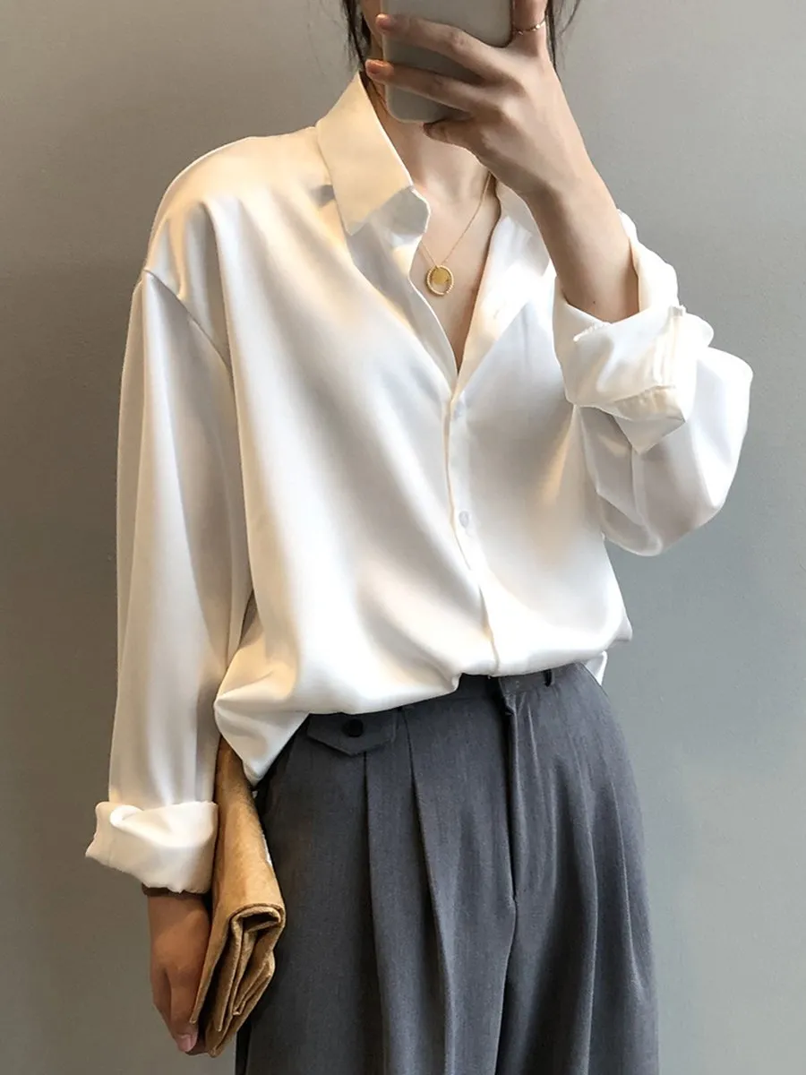 Chic Oversized Satin Button-Up Blouse