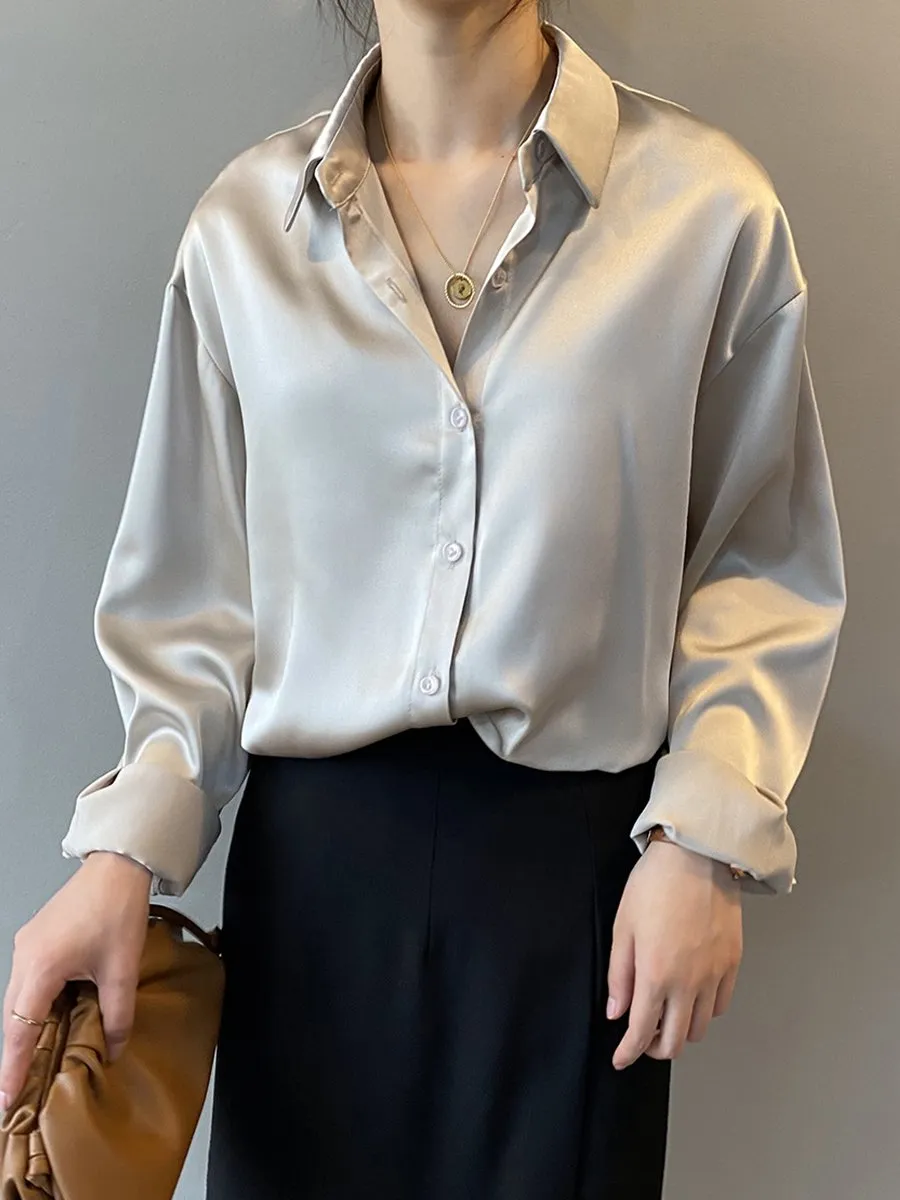 Chic Oversized Satin Button-Up Blouse