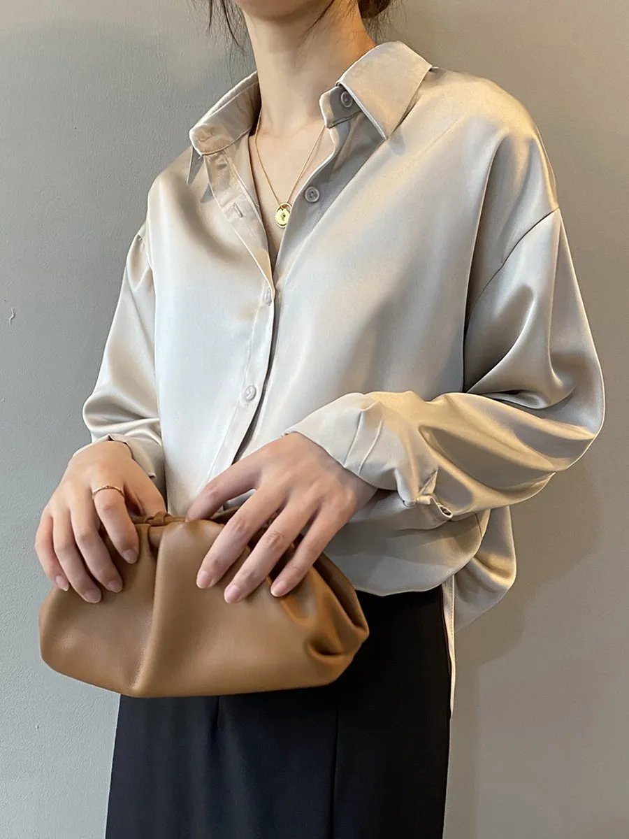 Chic Oversized Satin Button-Up Blouse