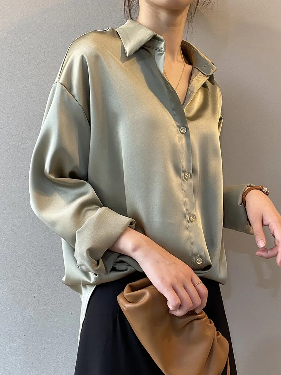 Chic Oversized Satin Button-Up Blouse