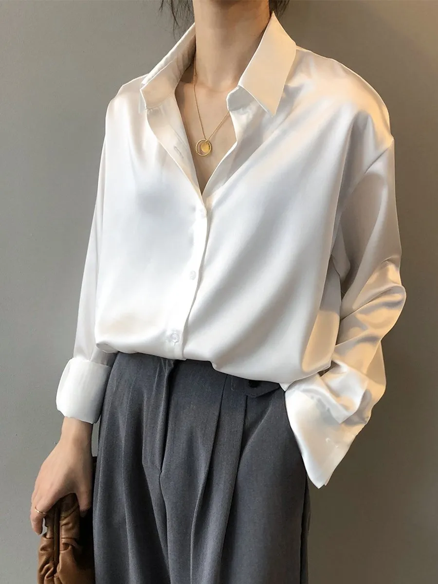 Chic Oversized Satin Button-Up Blouse