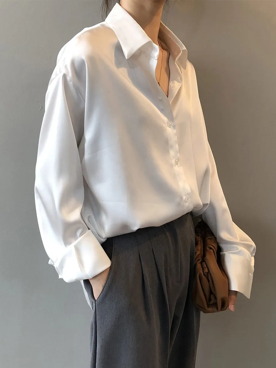 Chic Oversized Satin Button-Up Blouse