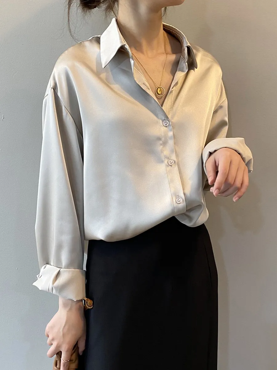 Chic Oversized Satin Button-Up Blouse