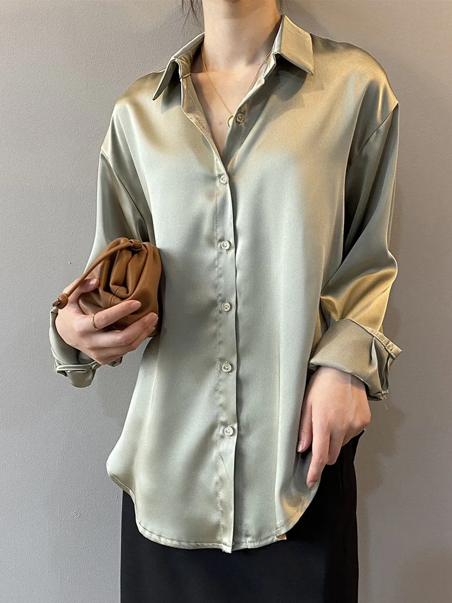 Chic Oversized Satin Button-Up Blouse