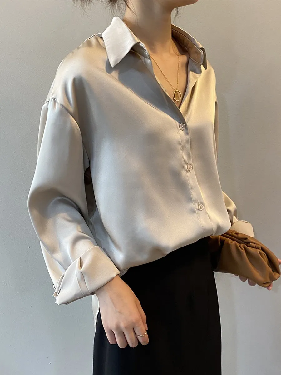 Chic Oversized Satin Button-Up Blouse