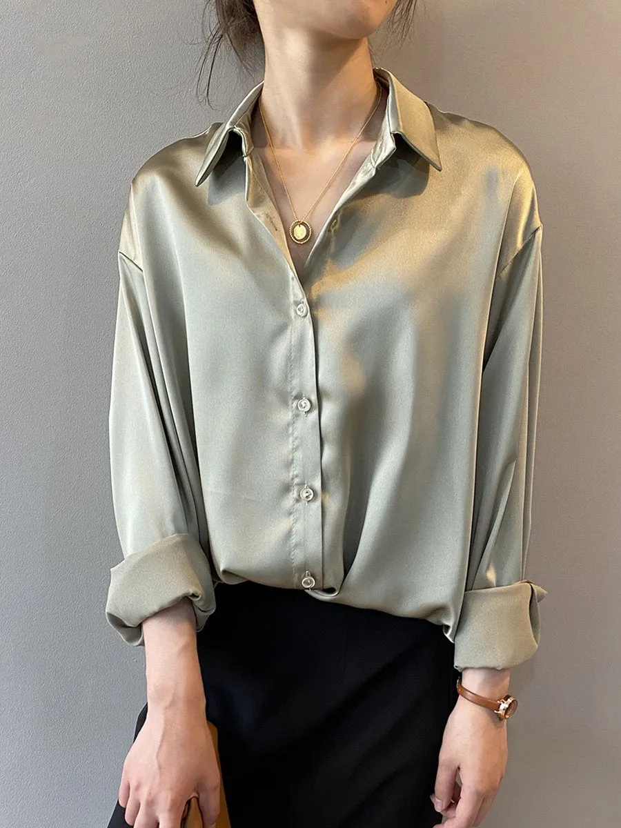 Chic Oversized Satin Button-Up Blouse