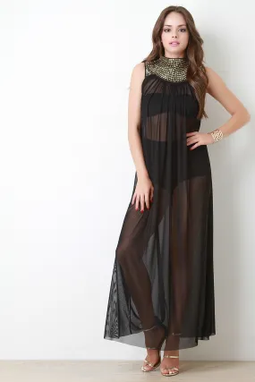 Chiffon Studded Yoke Cover Up Maxi Dress