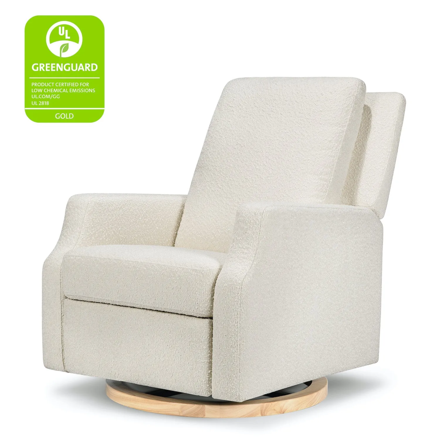 Crewe Recliner   Swivel Glider in Eco-Performance Fabric - Ivory Boucle w/ Light Wood Base