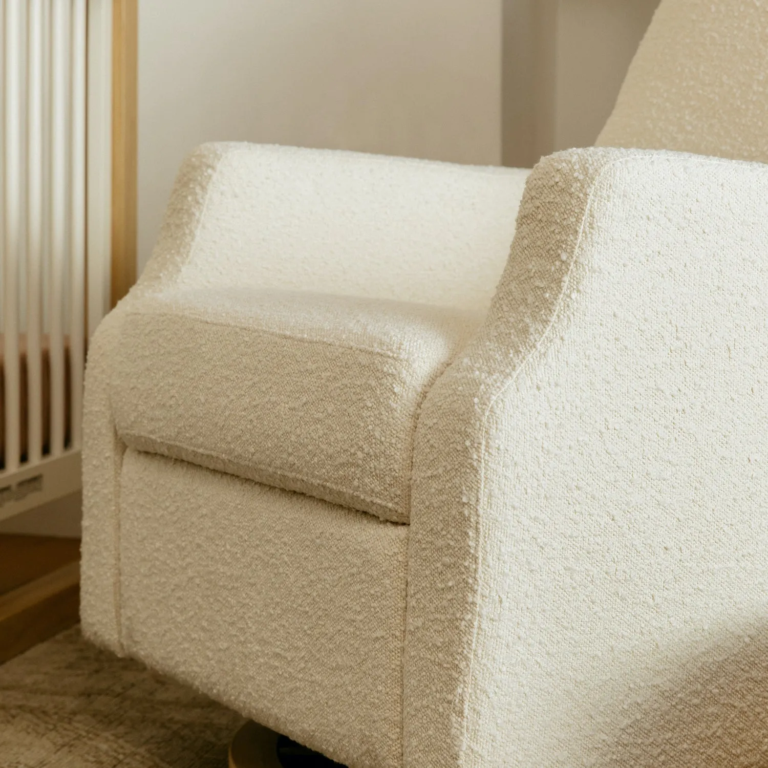 Crewe Recliner   Swivel Glider in Eco-Performance Fabric - Ivory Boucle w/ Light Wood Base