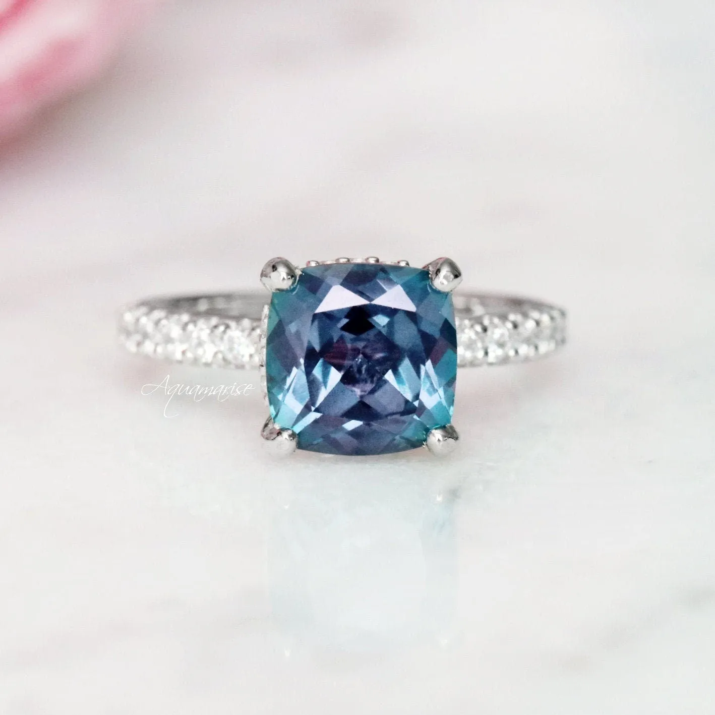 Cushion Hidden Halo Teal Alexandrite Ring- Sterling Silver