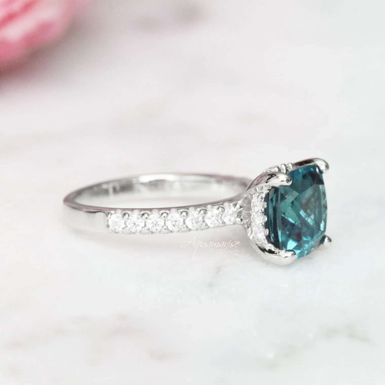 Cushion Hidden Halo Teal Alexandrite Ring- Sterling Silver