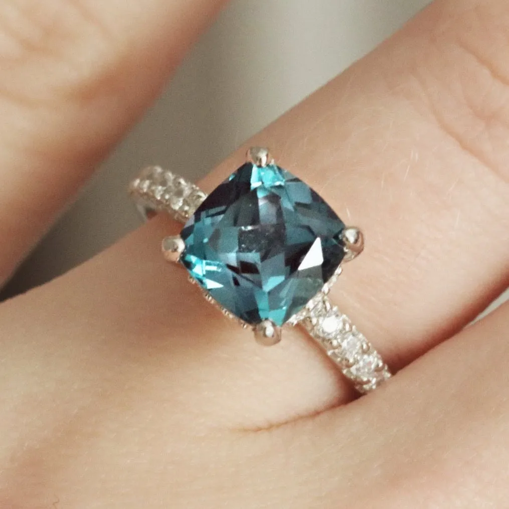 Cushion Hidden Halo Teal Alexandrite Ring- Sterling Silver